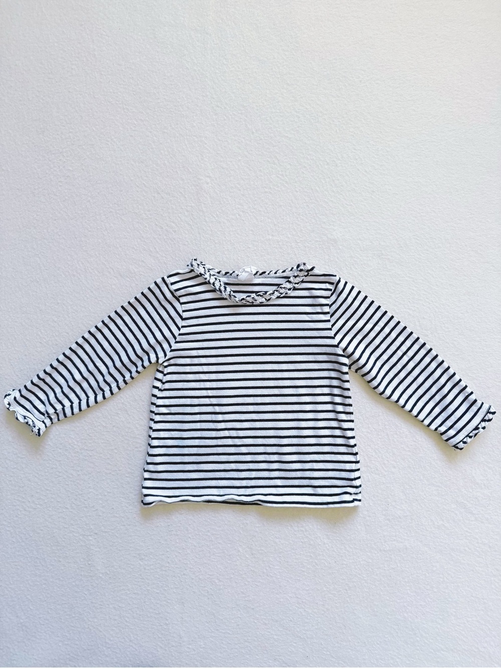 5/$18 H&M Striped Ruffle Neck Long Sleeve Top White Black Cotton 12-18M Girl Tee